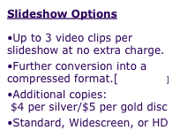 Slideshow Options

•Up to 3 video clips per slideshow at no extra charge.
•Further conversion into a compressed format.[see formats]
•Additional copies:
 $4 per silver/$5 per gold disc
•Standard, Widescreen, or HD